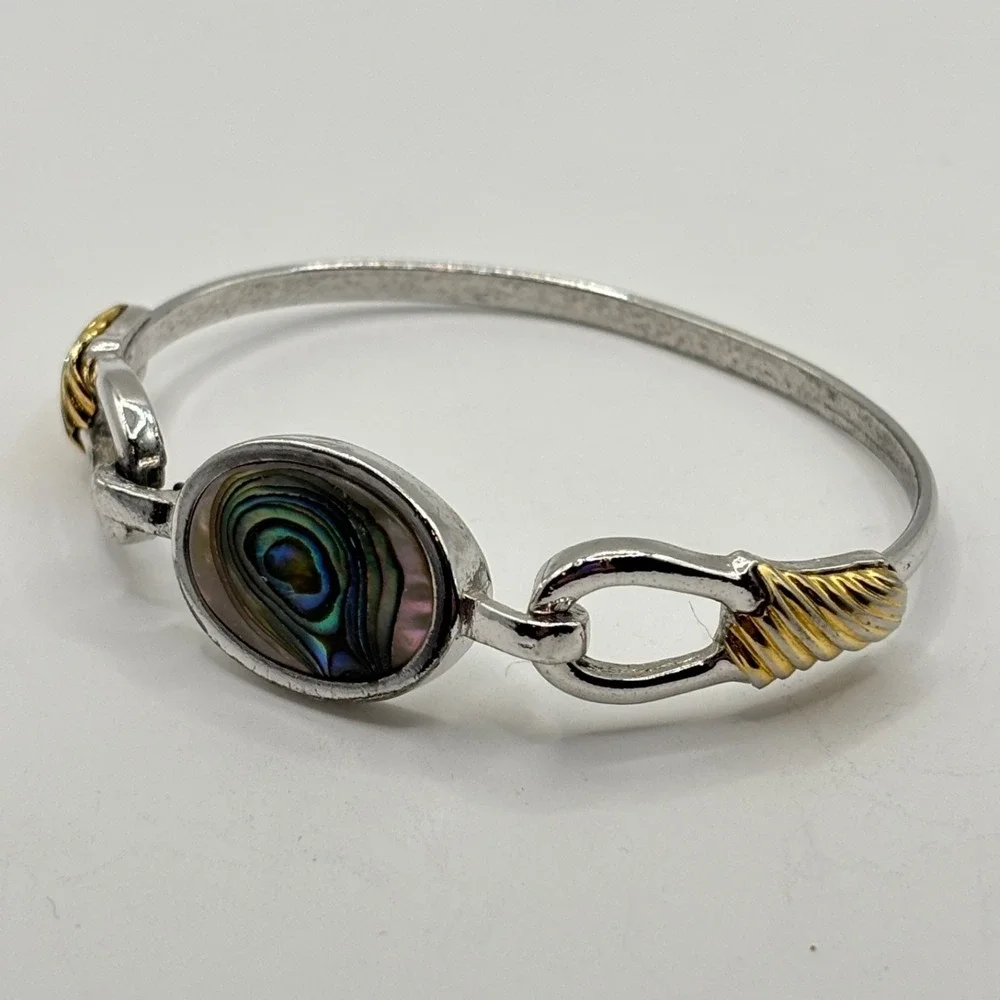 Vintage Abalone Avon Silver Gold Two Tone Hinged Bracelet